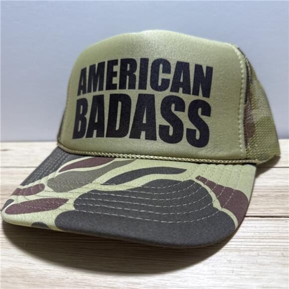Retro NOS American Badass Vintage RARE Camo Trucker Hat Cap Printed in USA 1980s